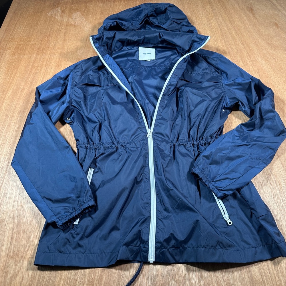 Old Navy Windbreaker Women Medium Navy Blue Cinched Waist Stowaway Hood Jacket